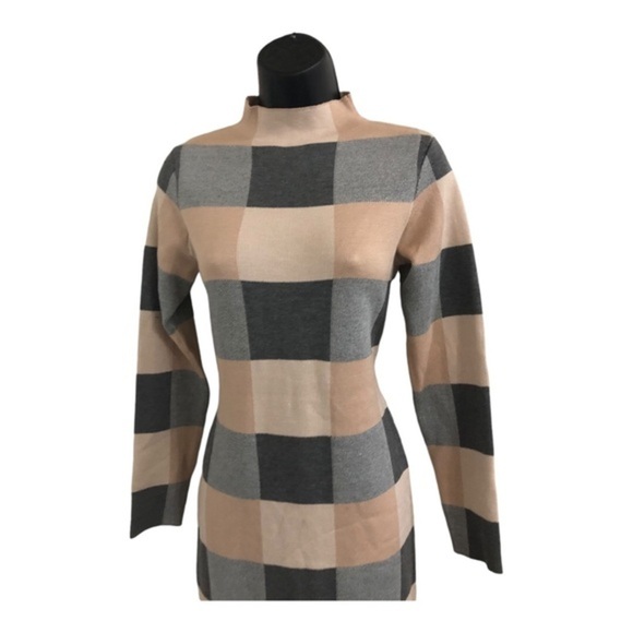 Charcoal grey tan beige checkered mock‎ neck sweater knit dress size large new - Picture 11 of 13